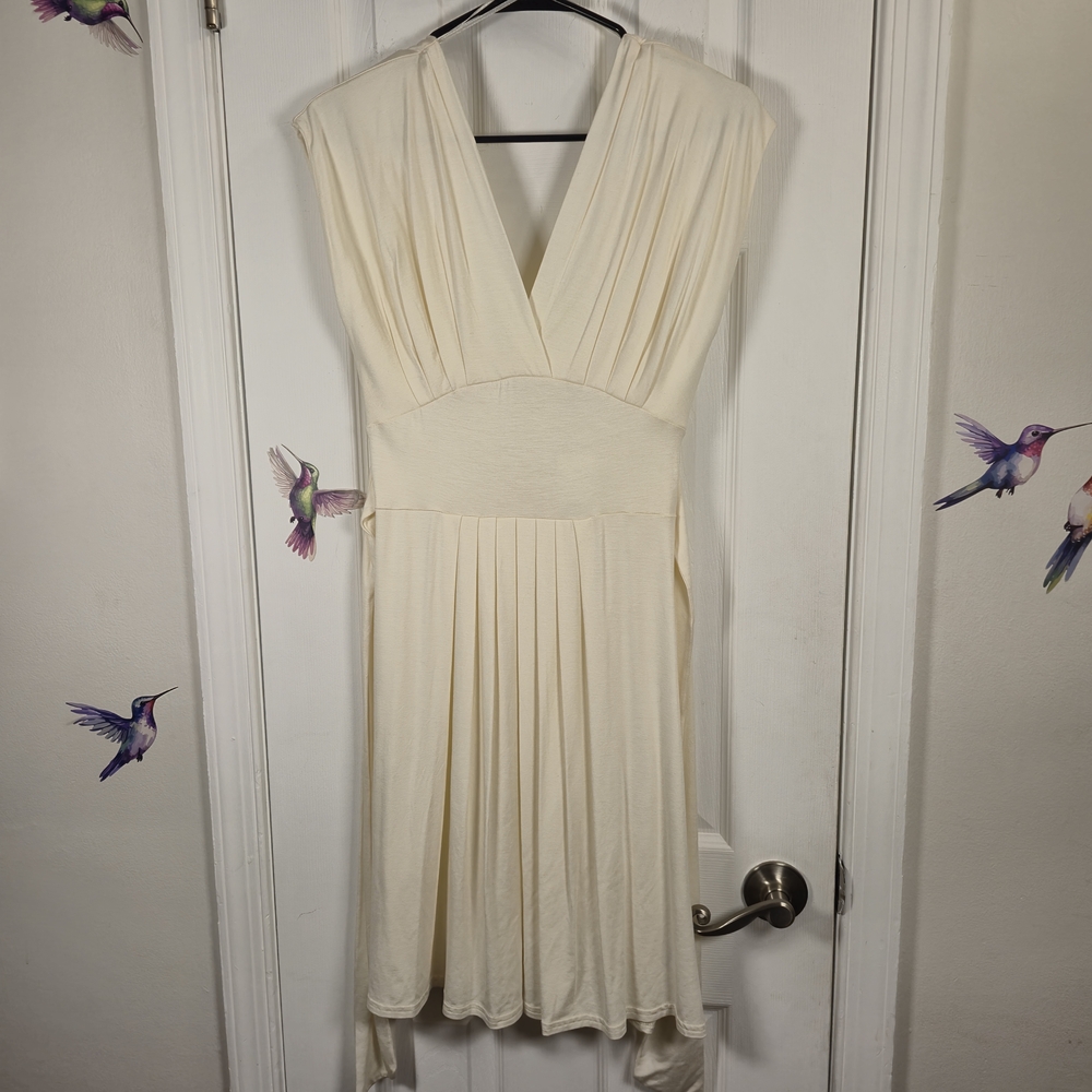 ​H&M Ivory Pleated Deep V-Neck Wrap Effect Midi Bridal Party Holiday Dress US 8 - Picture 2 of 8